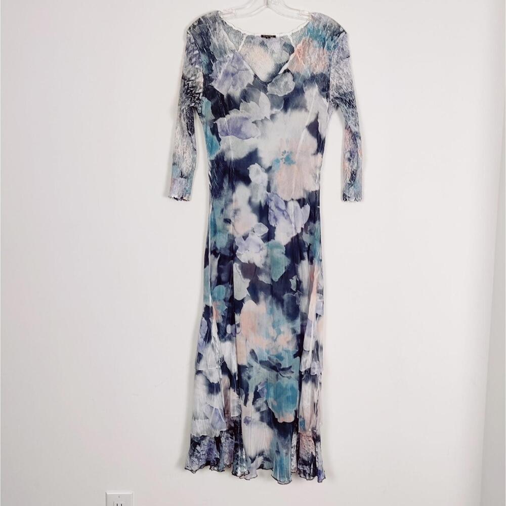 Komarov Women's Vintage Sheer Maxi Dress in Blue Pink Floral Lace Large Y2K